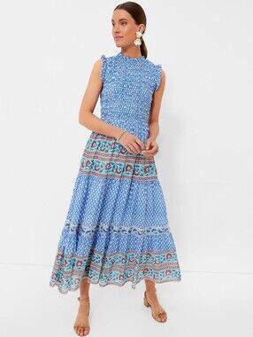 LN Oliphant Campania Blue Sleeveless Smocked Maxi Dress XXs